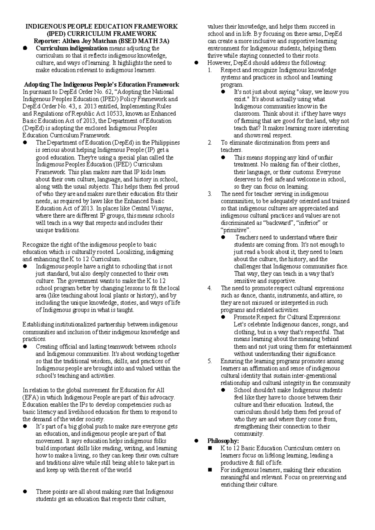 IPED Curriculum Framework: Enhancing Indigenous Education in BSED MATH ...