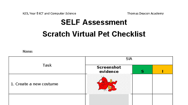 KS3 Year 8 ICT Scratch Virtual Pet Self-Assessment Checklist - Studocu