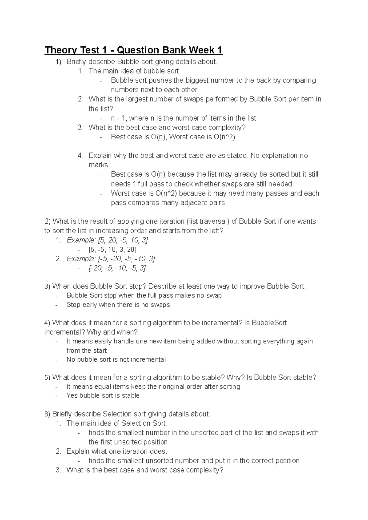 Theory Test 1 Question Bank: Bubble, Selection, and Insertion Sort ...