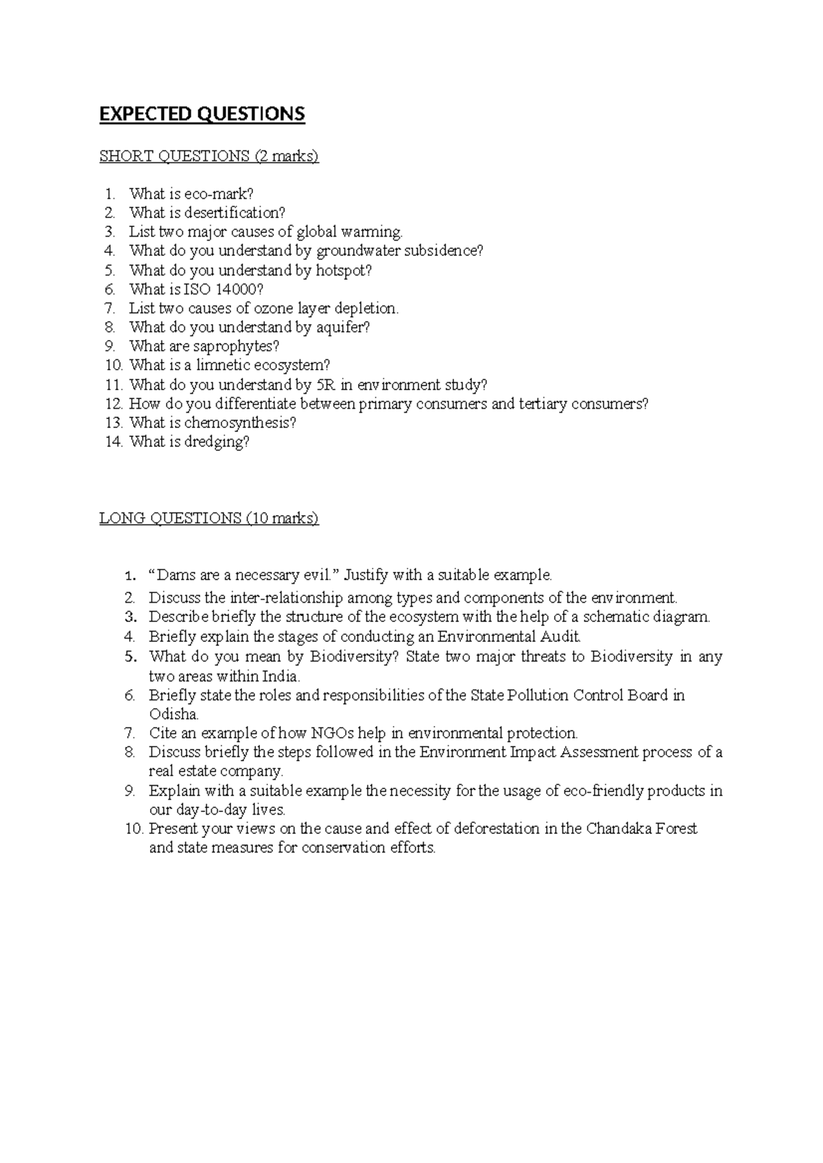 Expected Questions - Practice these - EXPECTED QUESTIONS SHORT ...
