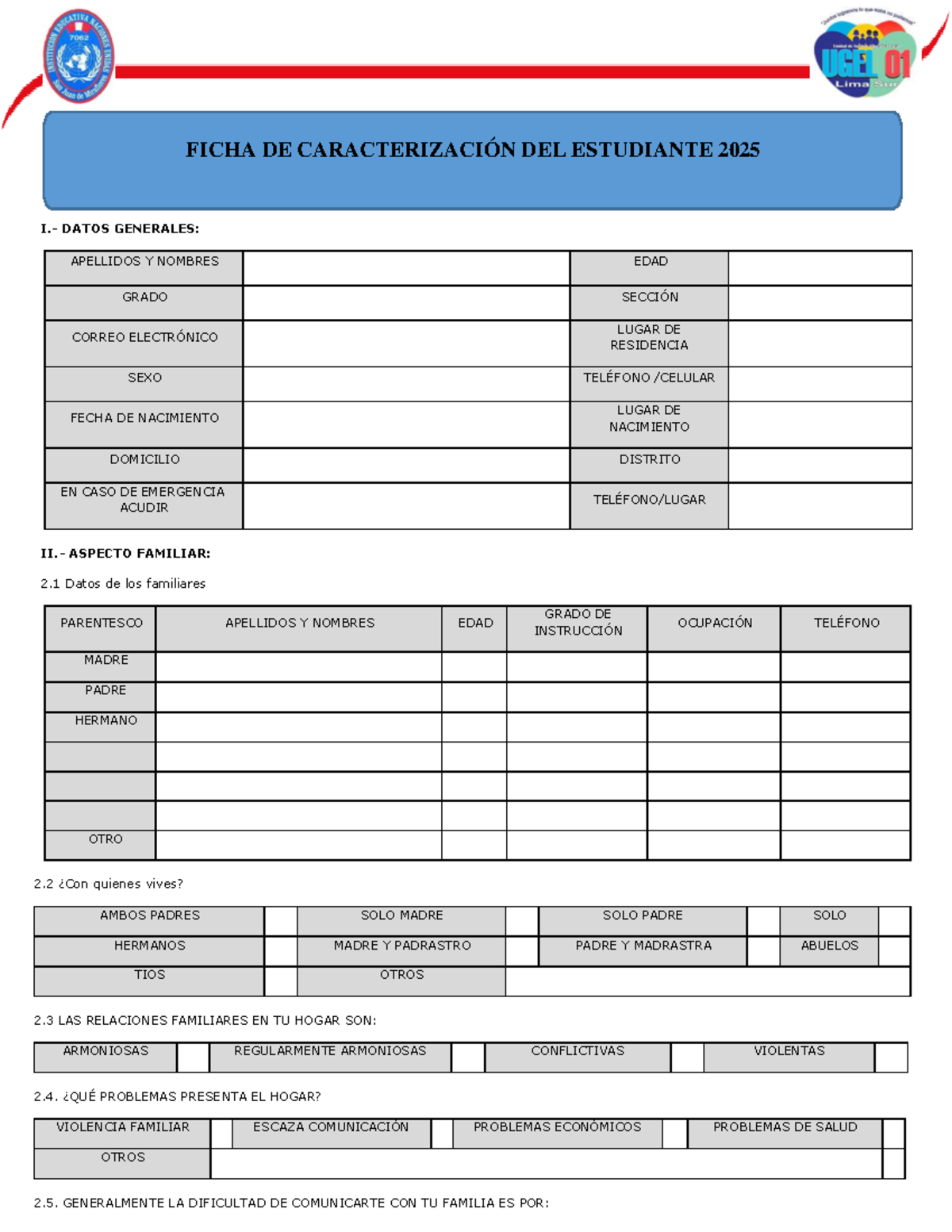 Ficha de Caracterización del Estudiante 2025: Aspectos Generales y Sociales - Document Preview