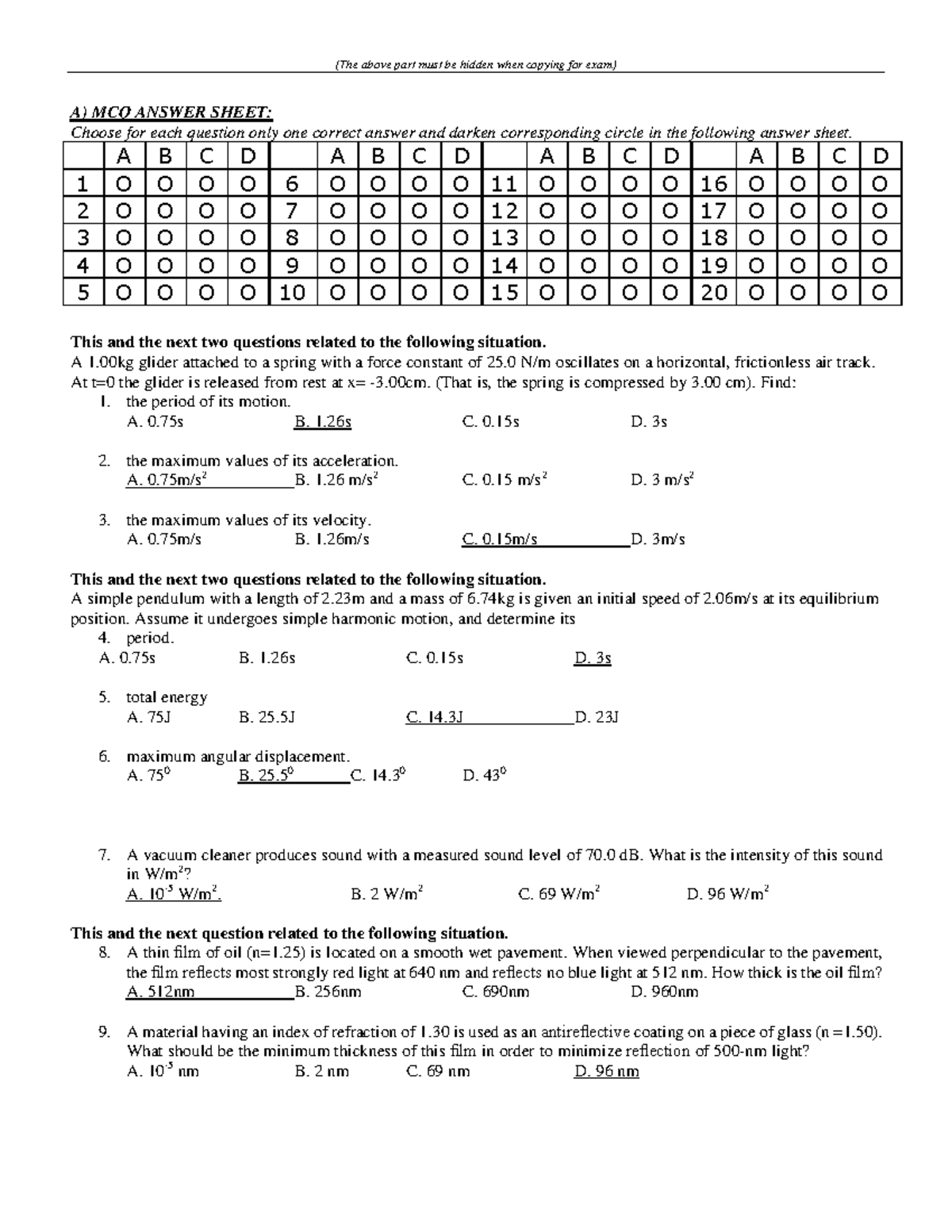 Midterm Exam 2 - Physics MCQ Answer Sheet and Questions - Studocu
