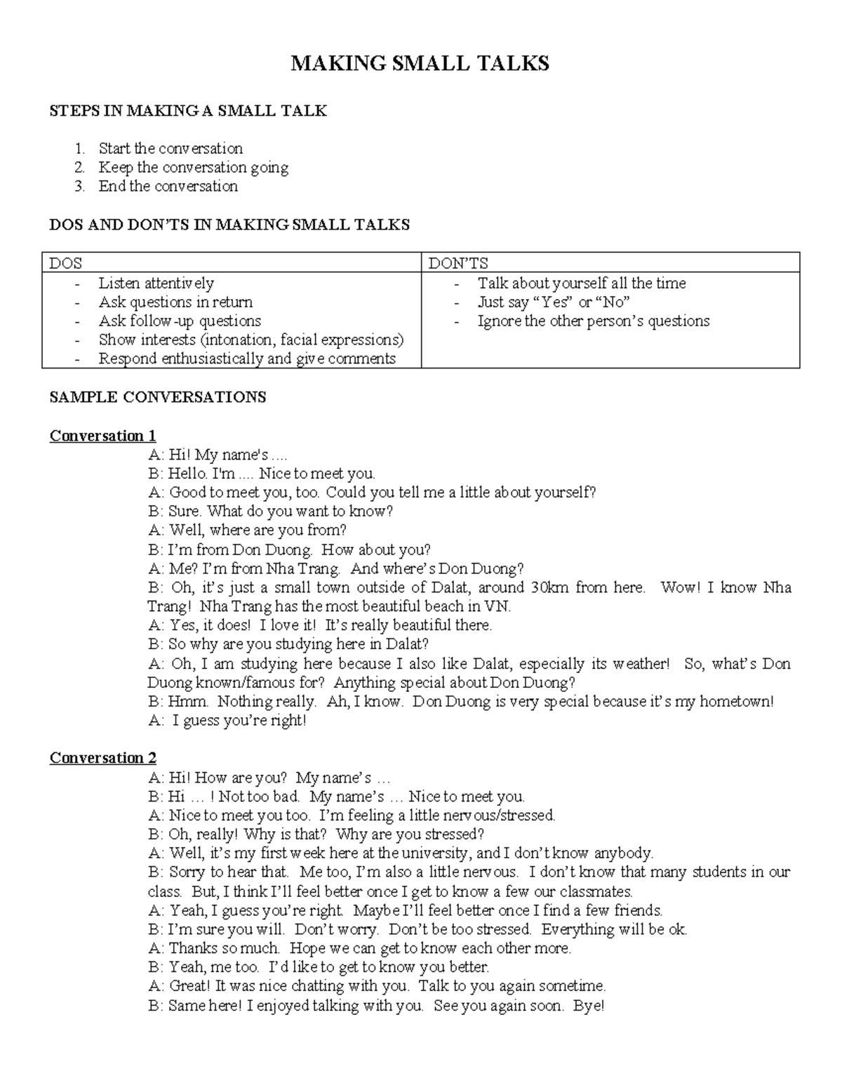 Speaking 1 - K45 - Making small talks - MAKING SMALL TALKS STEPS IN ...