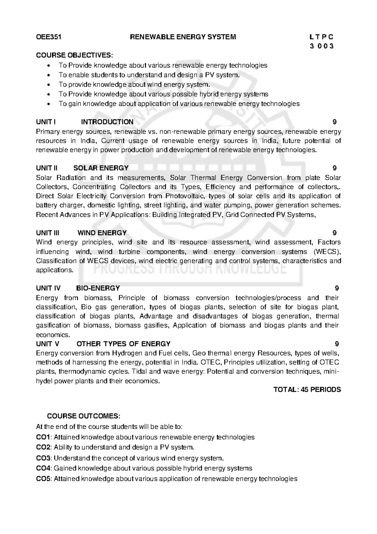 OEE351 Renewable Energy System Syllabus Overview and Course Objectives ...