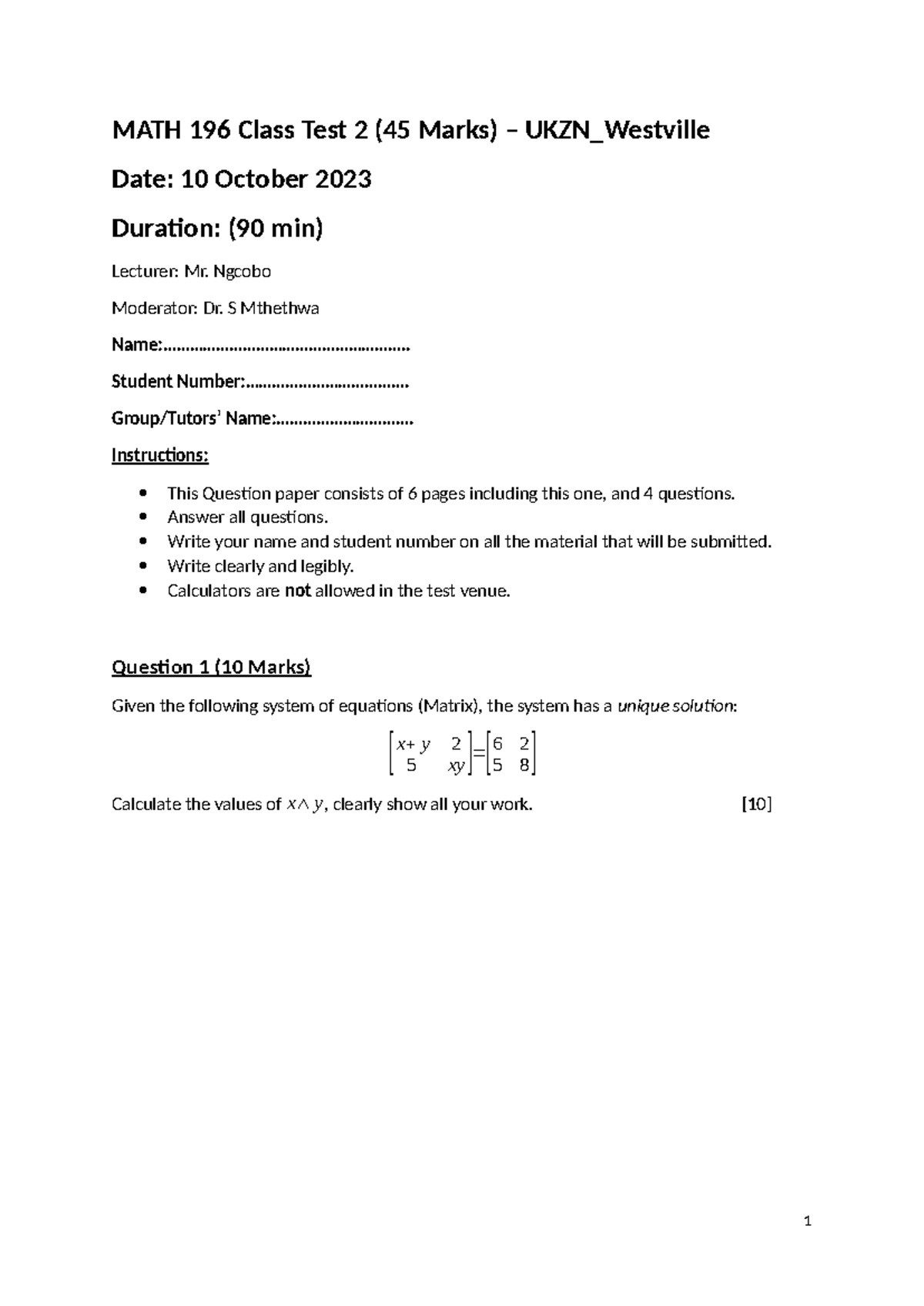Math 196 Test 2 Notes - UKZN Westville (45 Marks) – 10 Oct 2023 - Studocu