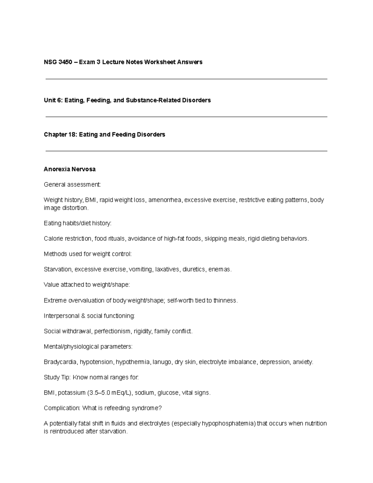 NSG 3450 Exam 3 Study Guide: Eating Disorders & Substance Use - Studocu