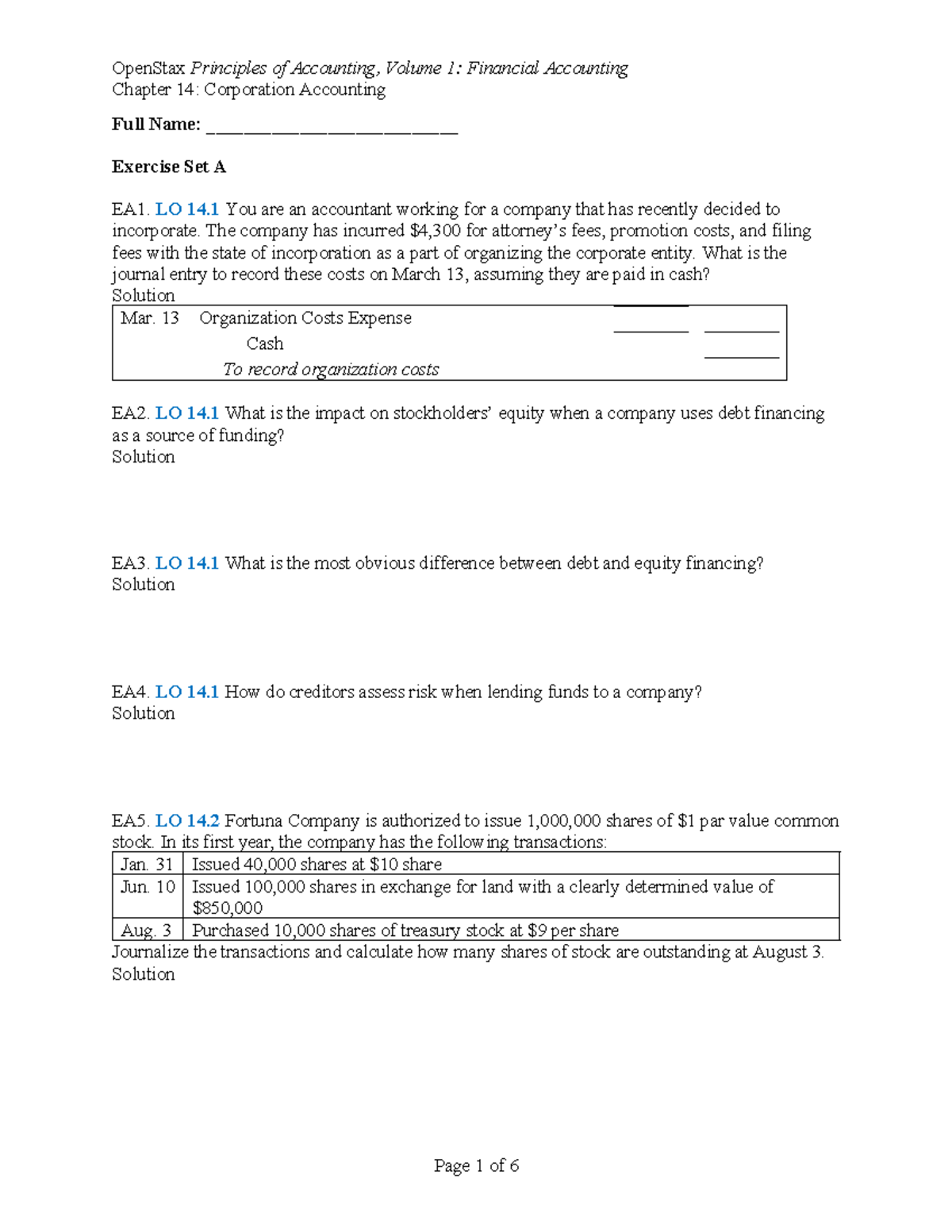 Financial Accounting Ch14: Corporation Accounting Exercise Set EA1-EA17 ...