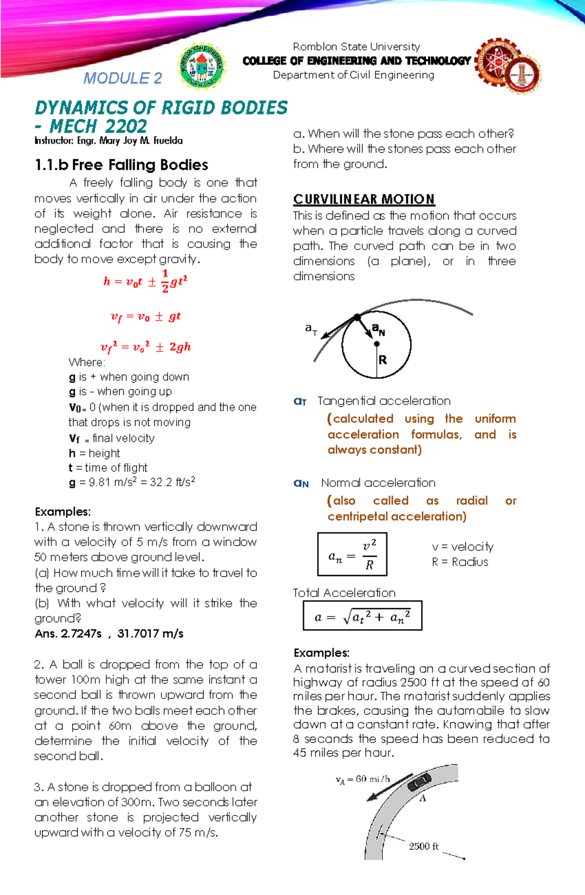Dynamics of Rigid Bodies MECH 2202 Module 2 Midterm Notes - Studocu