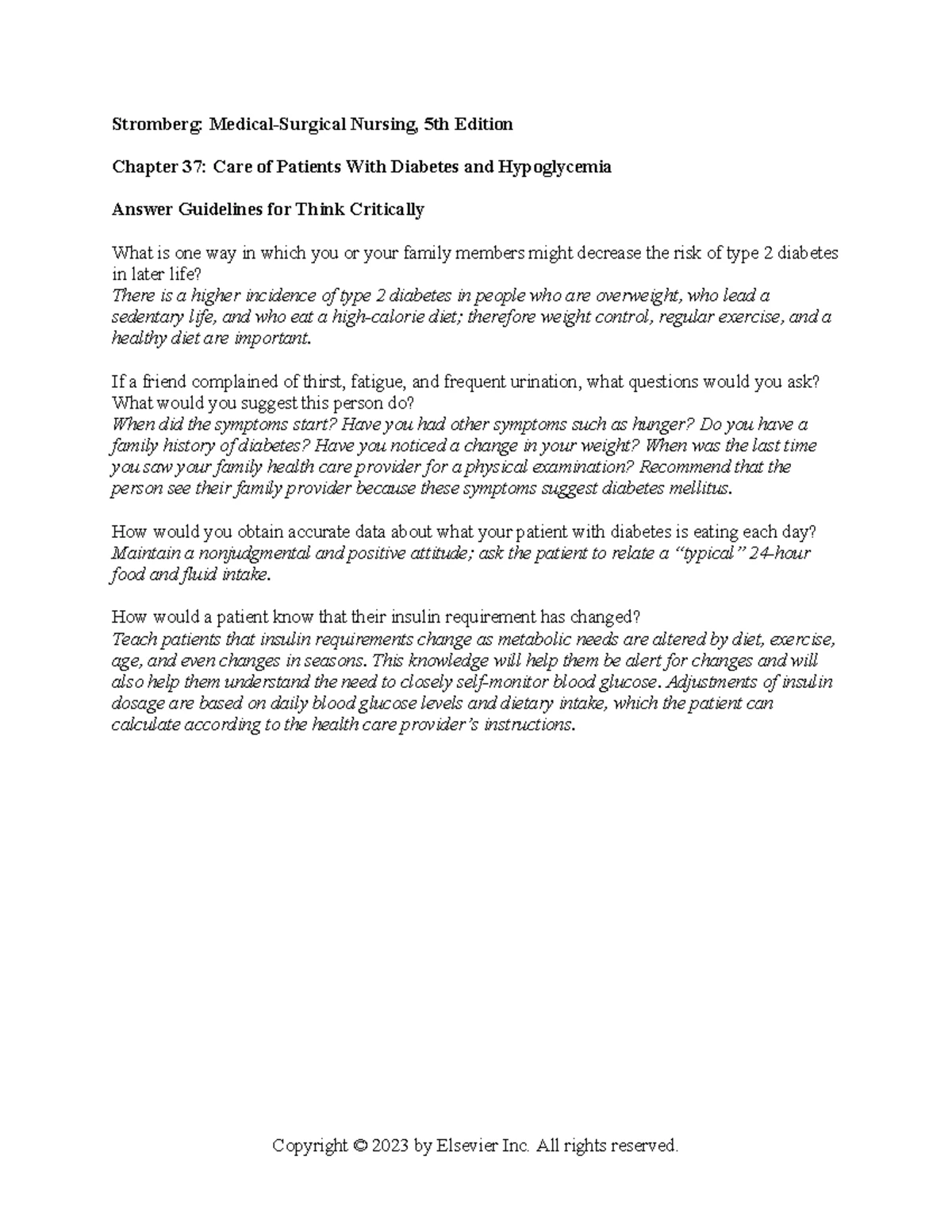 Chapter 37 - Care of Patients With Diabetes and Hypoglycemia - Studocu
