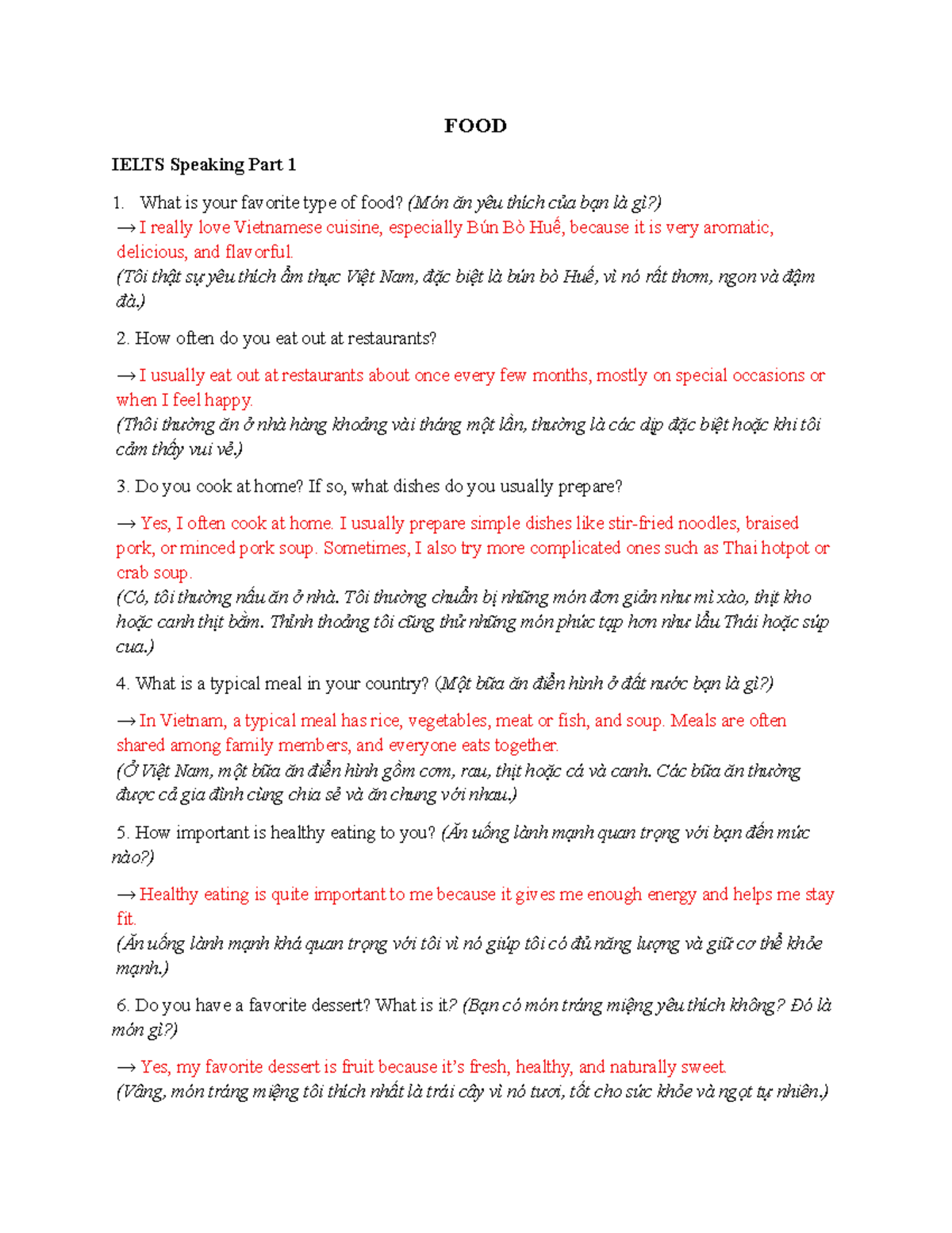 FOOD IELTS Speaking Part 1 & 2: My Favorite Vietnamese Cuisine - Studocu