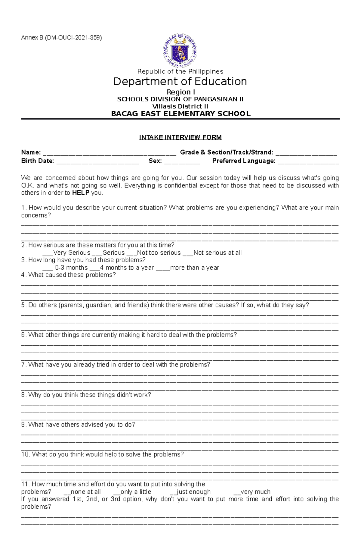 Intake Interview Form (DM-OUCI-2021-359) for Student Counseling - Studocu
