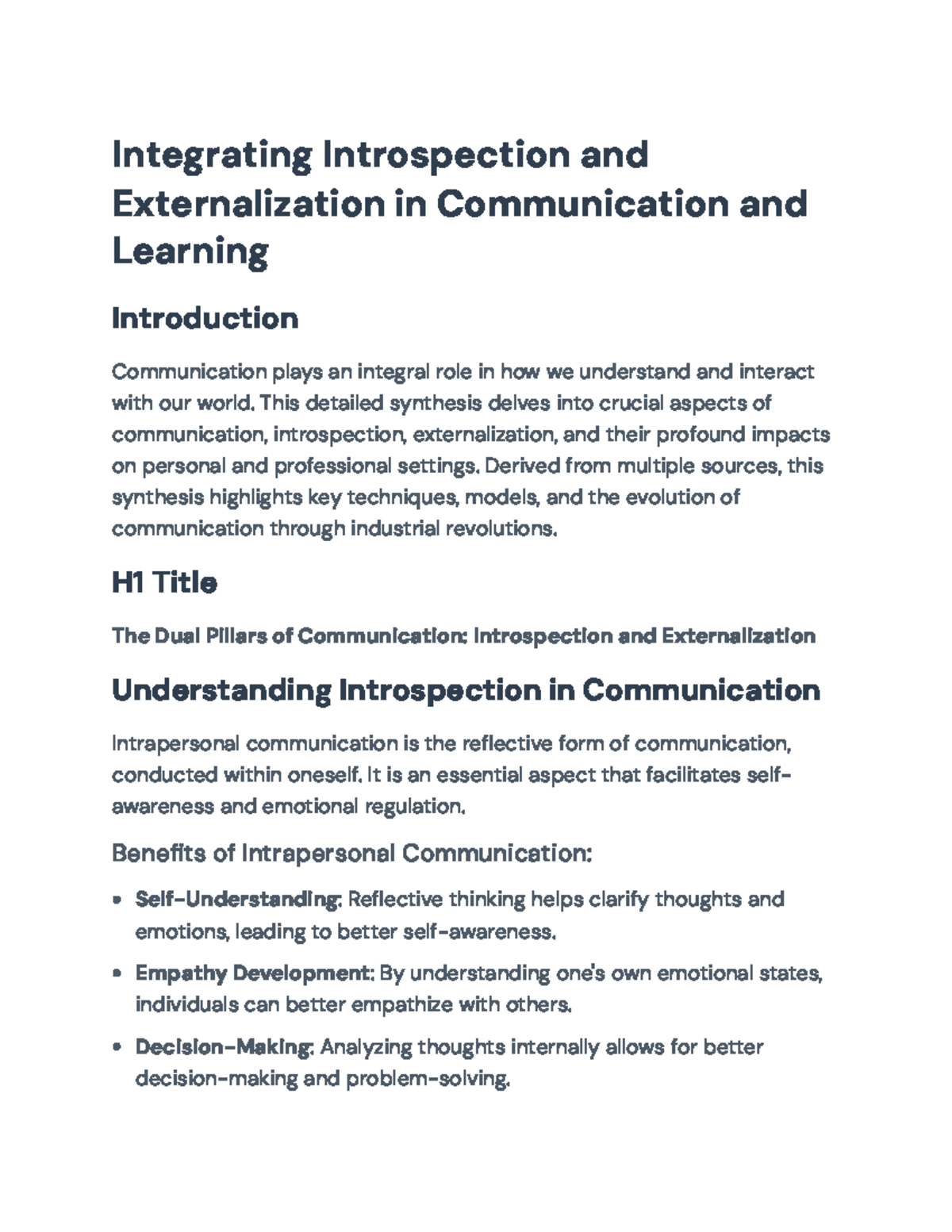 Integrating Introspection & Externalization: Comm Strategies & Models ...