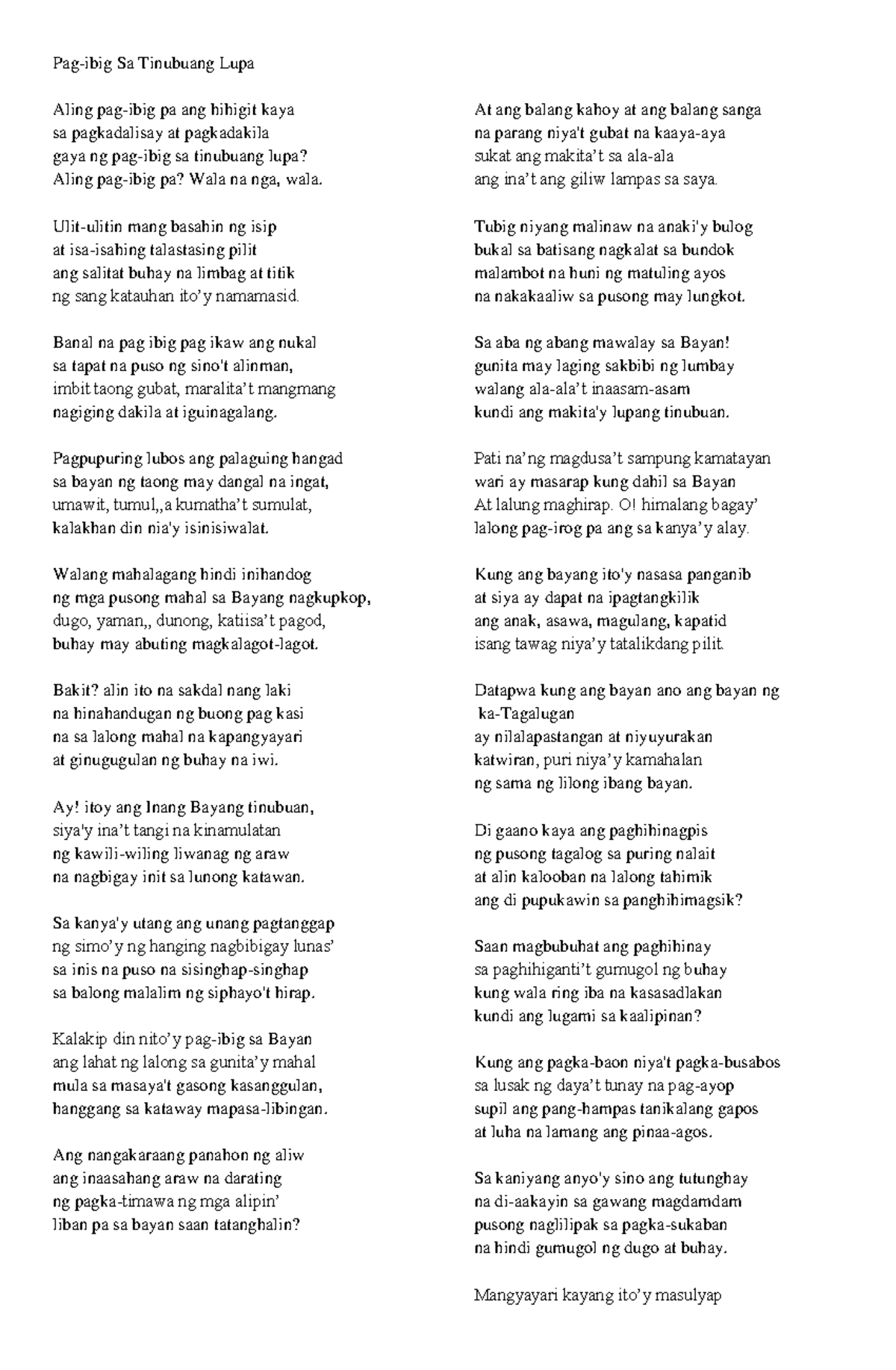 Pag-ibig sa tinubuang lupa by Andres Bonifacio - Pag-ibig Sa Tinubuang ...