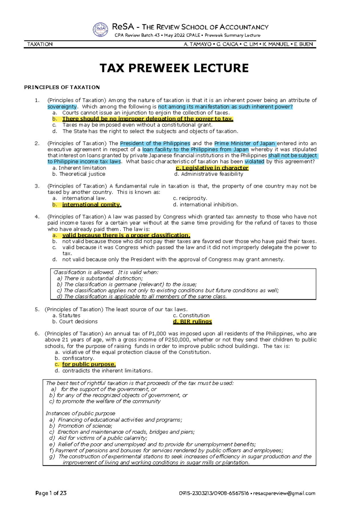 TAX 0915 Preweek Lecture Notes for CPALE May 2022 Batch 43 - Studocu