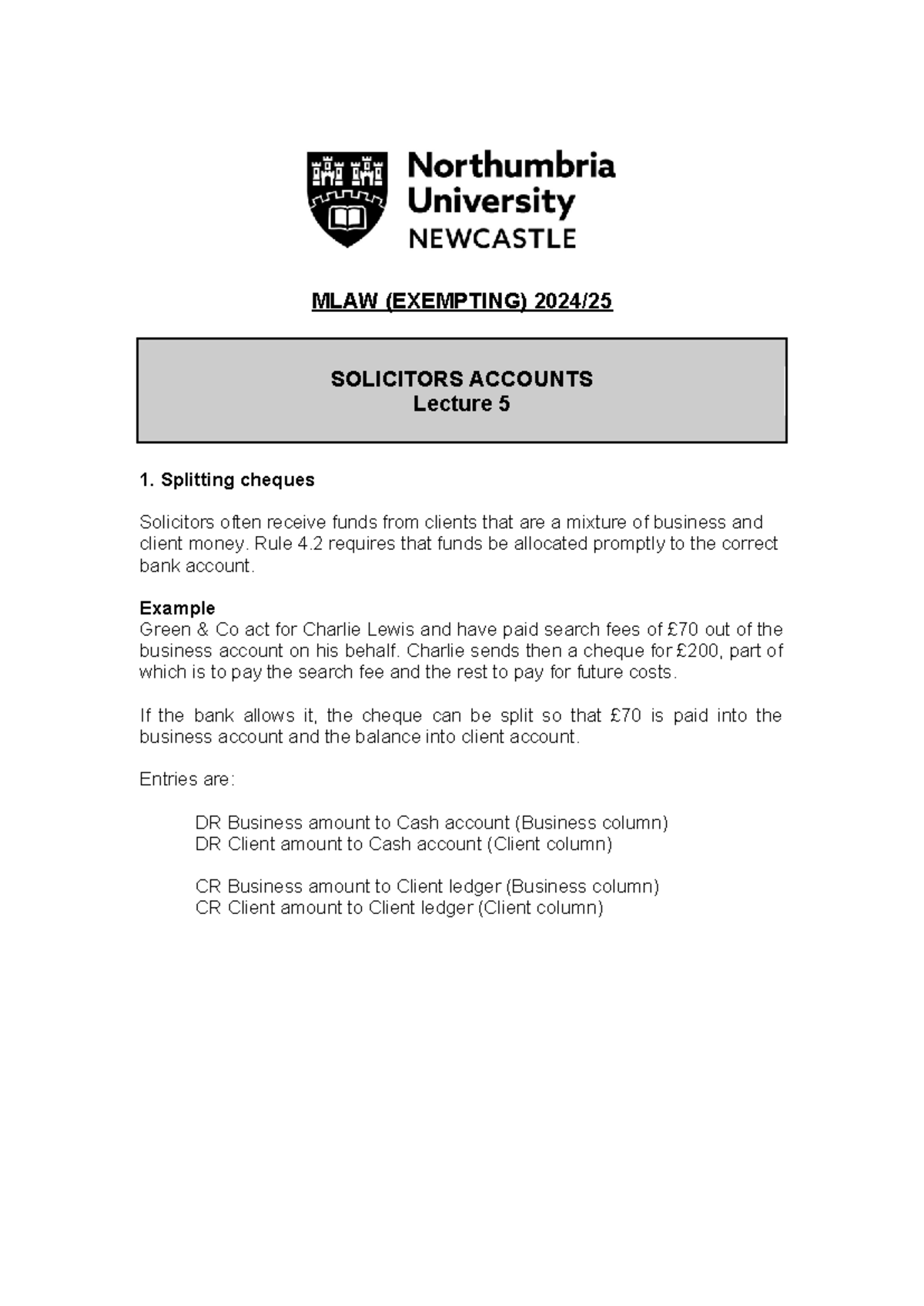 MLAW Lecture 5: Managing Solicitors' Accounts and Cheque Handling - Studocu