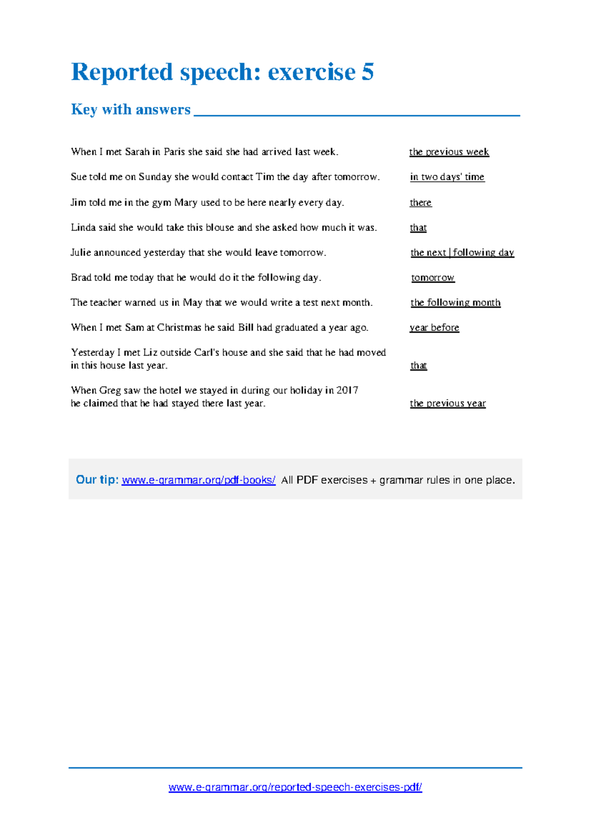 Reported Speech Exercise 5 Key with Answers - Studocu