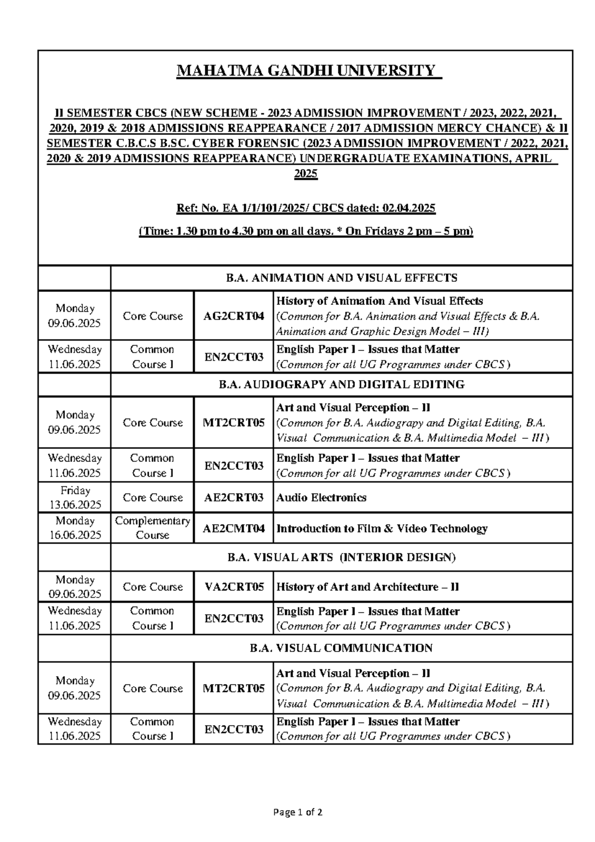 BA II Sem. Supplementary CBCS Exam Schedule 2025 for Various Courses ...