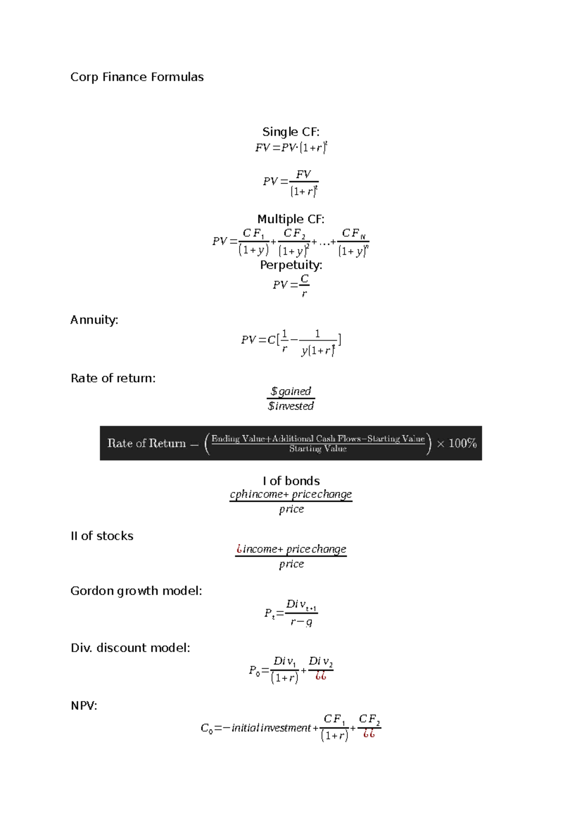 Corporate Finance Formulas: Key Concepts and Calculations - Studocu