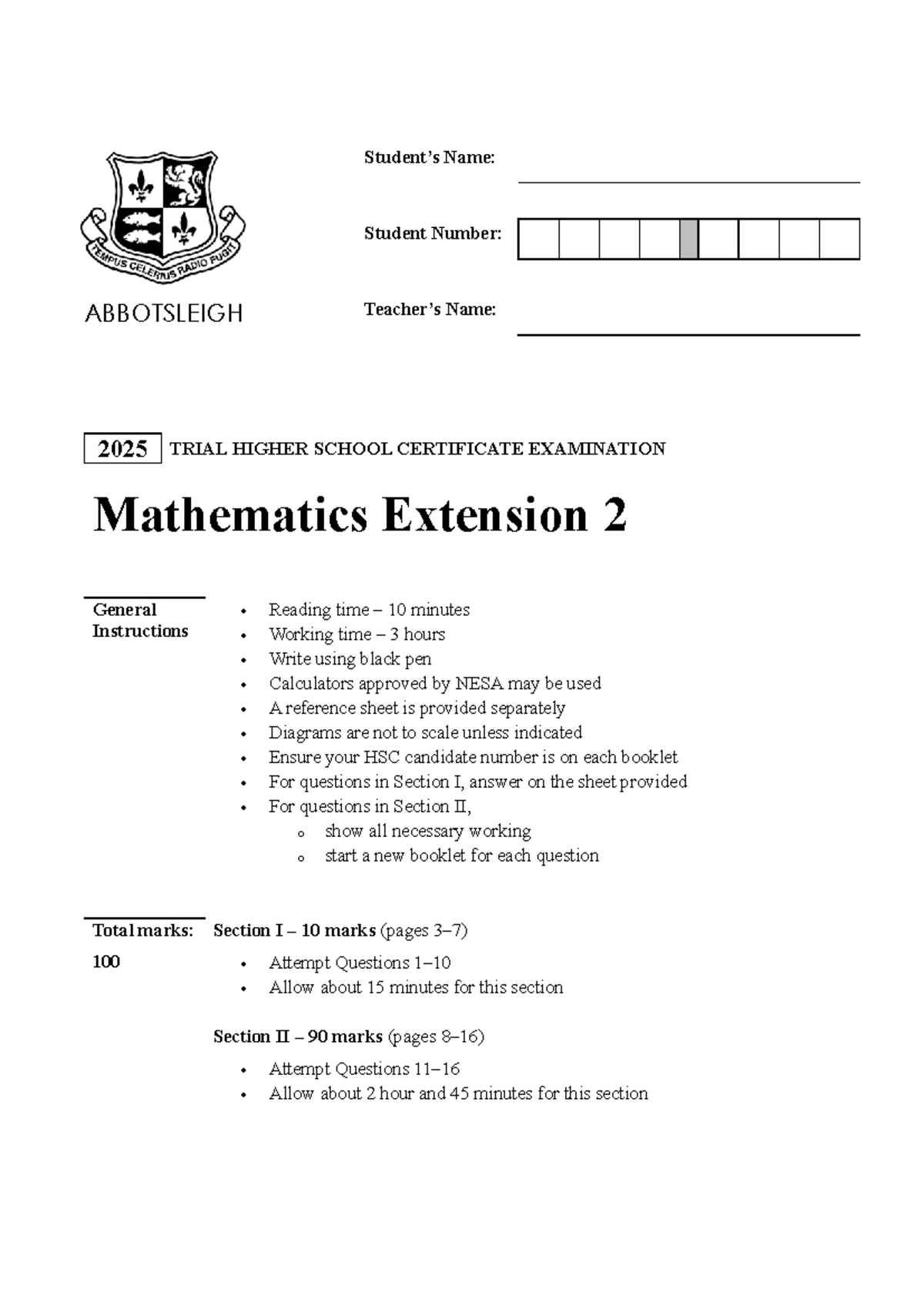 Abbotsleigh 2025 HSC Mathematics Extension 2 Trial Exam Solutions - Studocu