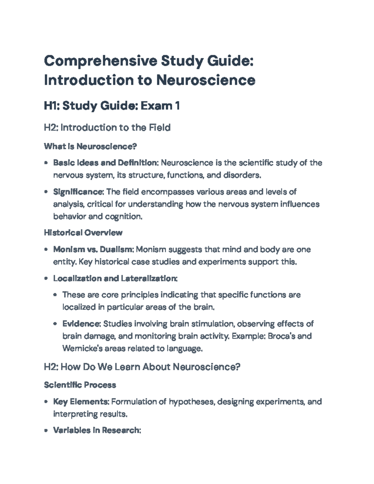 Neuroscience Study Guide: Exam 1 on Structure and Functions ...