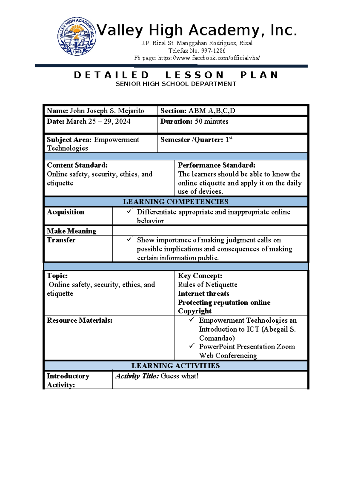LP-WEE-2 - Detailed Lesson Plan on Online Safety & Netiquette - Studocu