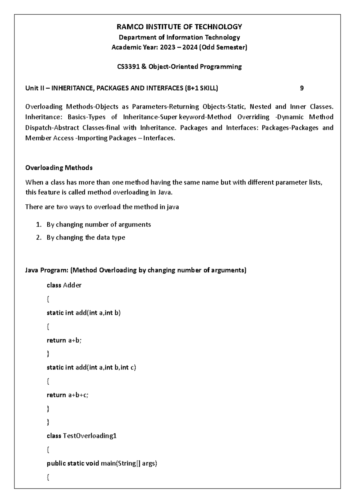 UNIT 2-Inheritance-Packages-Interfaces - RAMCO INSTITUTE OF TECHNOLOGY ...
