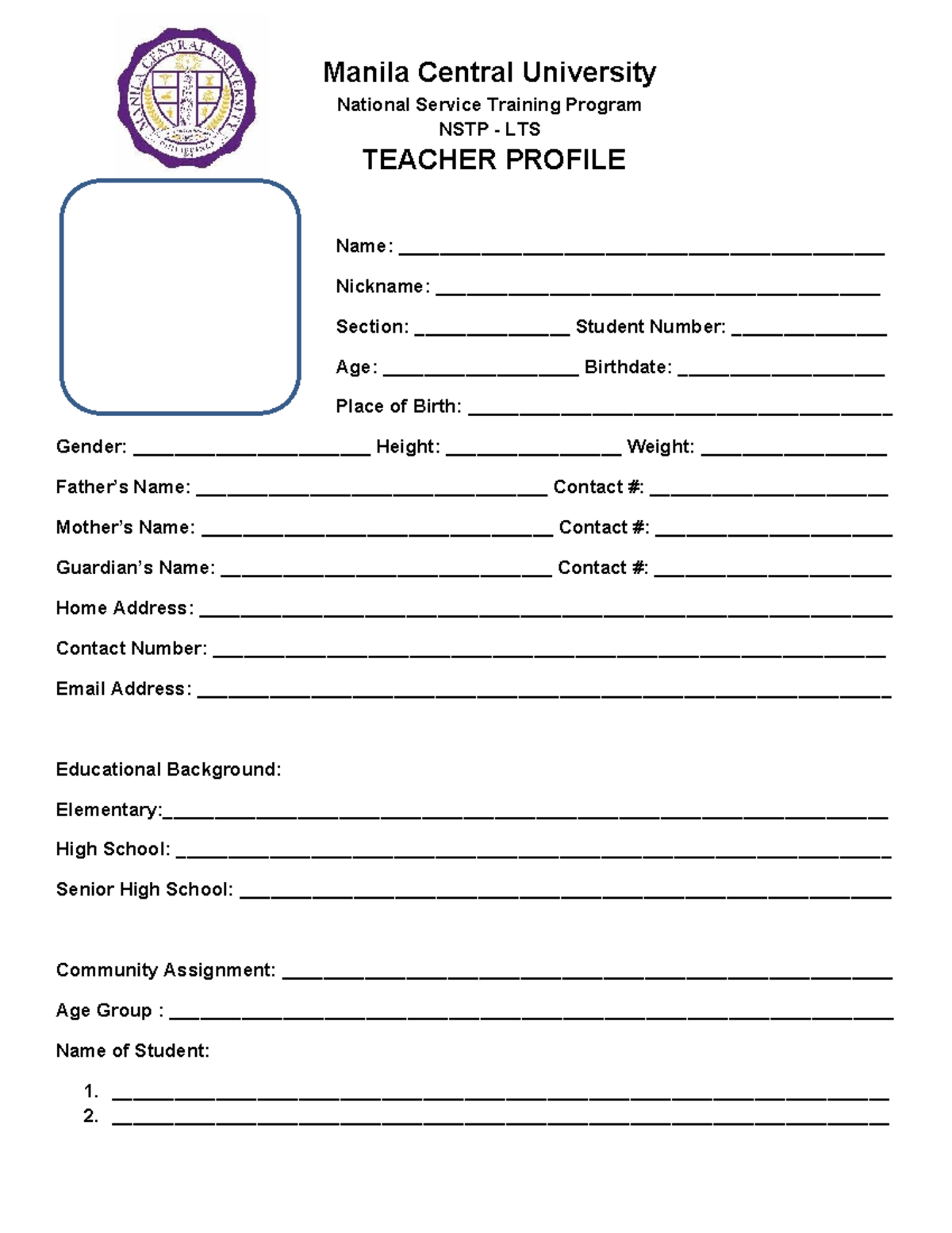 NSTP-Profile Template 2: Teacher Information Form for LTS Program - Studocu