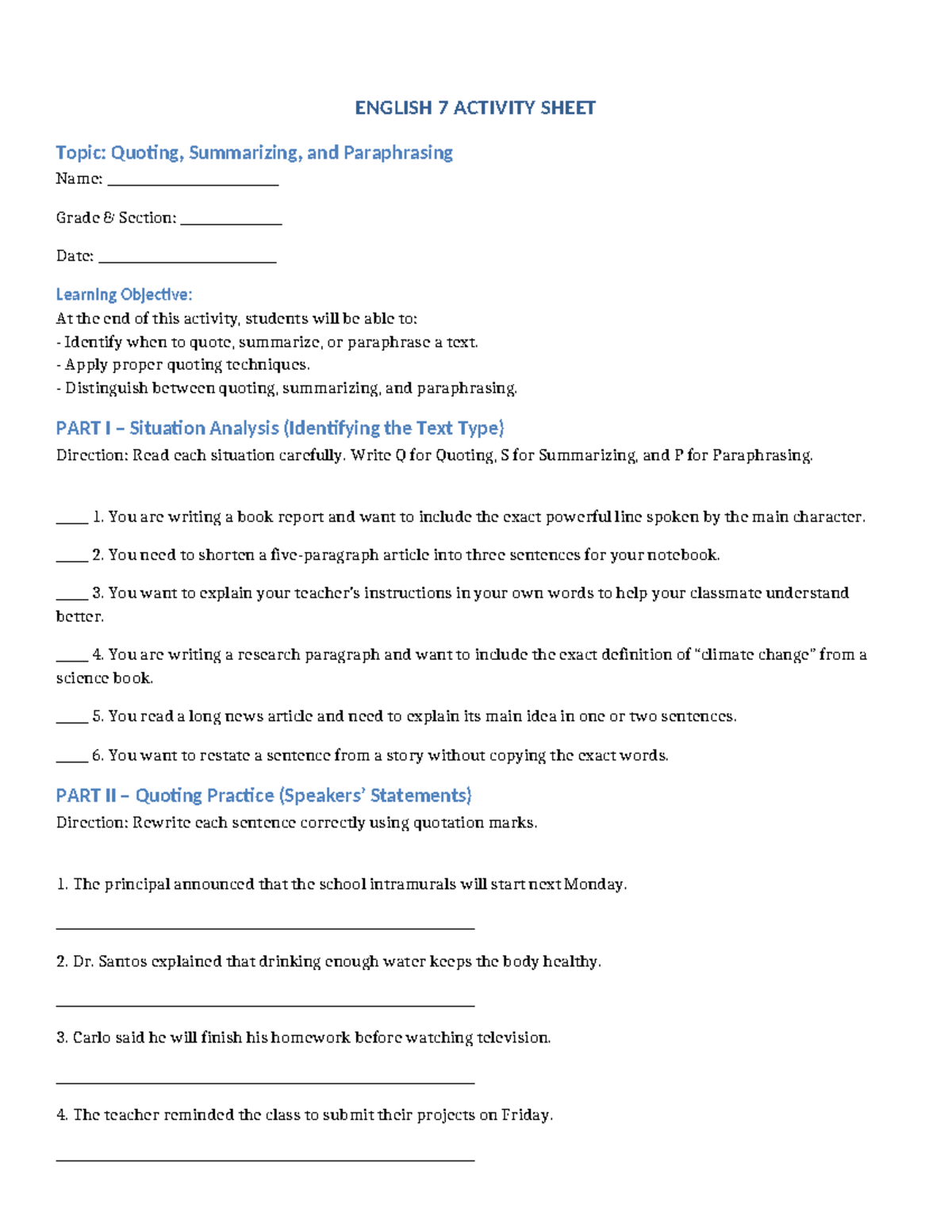 ENGLISH 7 ACTIVITY SHEET: Quoting, Summarizing & Paraphrasing - Studocu
