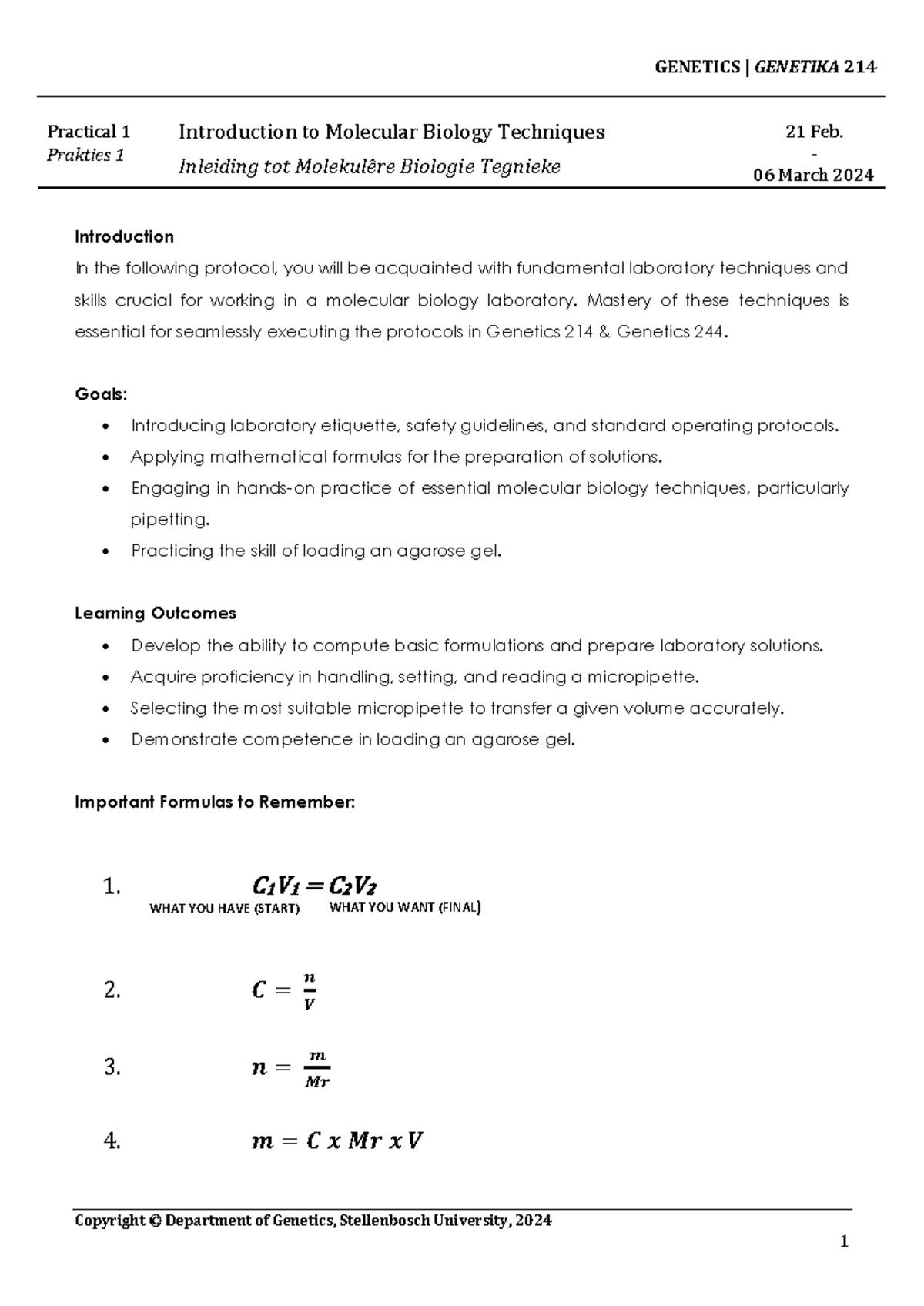 Genetics 214 & 244: Lab Practical 1 - Intro to Molecular Biology ...