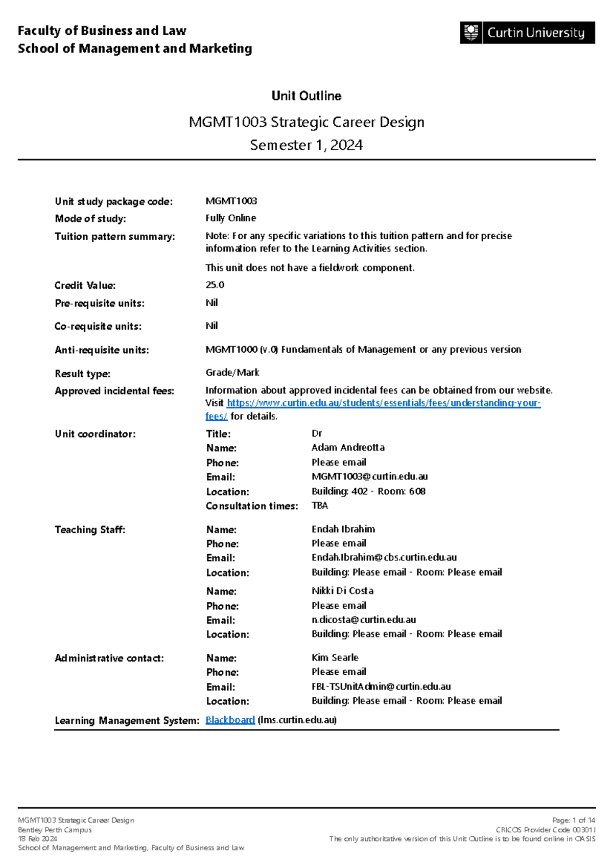 MGMT1003 Strategic Career Design Unit Outline - Semester 1 2024 - Studocu