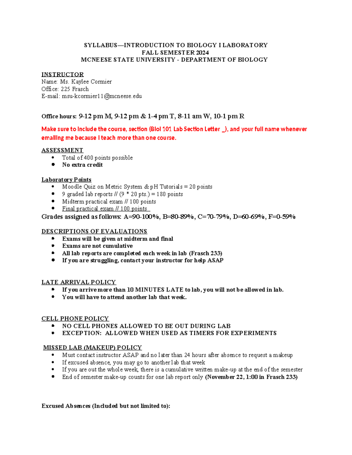 BIOL 101 Lab F24 Comprehensive Syllabus and Lab Schedule - Studocu