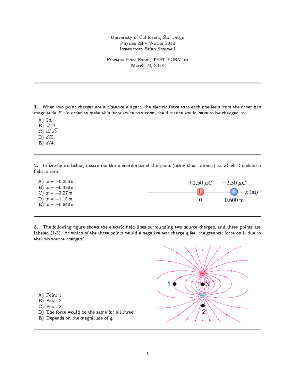 Physics 2B Practice Final Exam - Winter 2018 Overview - Studocu