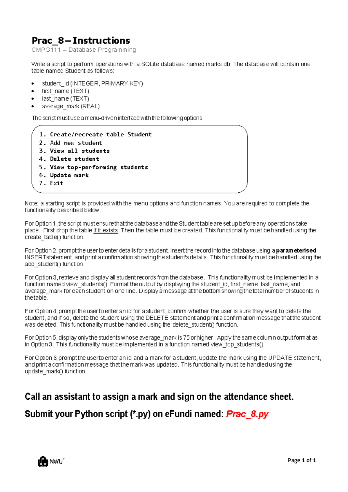 Prac_8 - SQLite Database Operations Script Instructions - Studocu