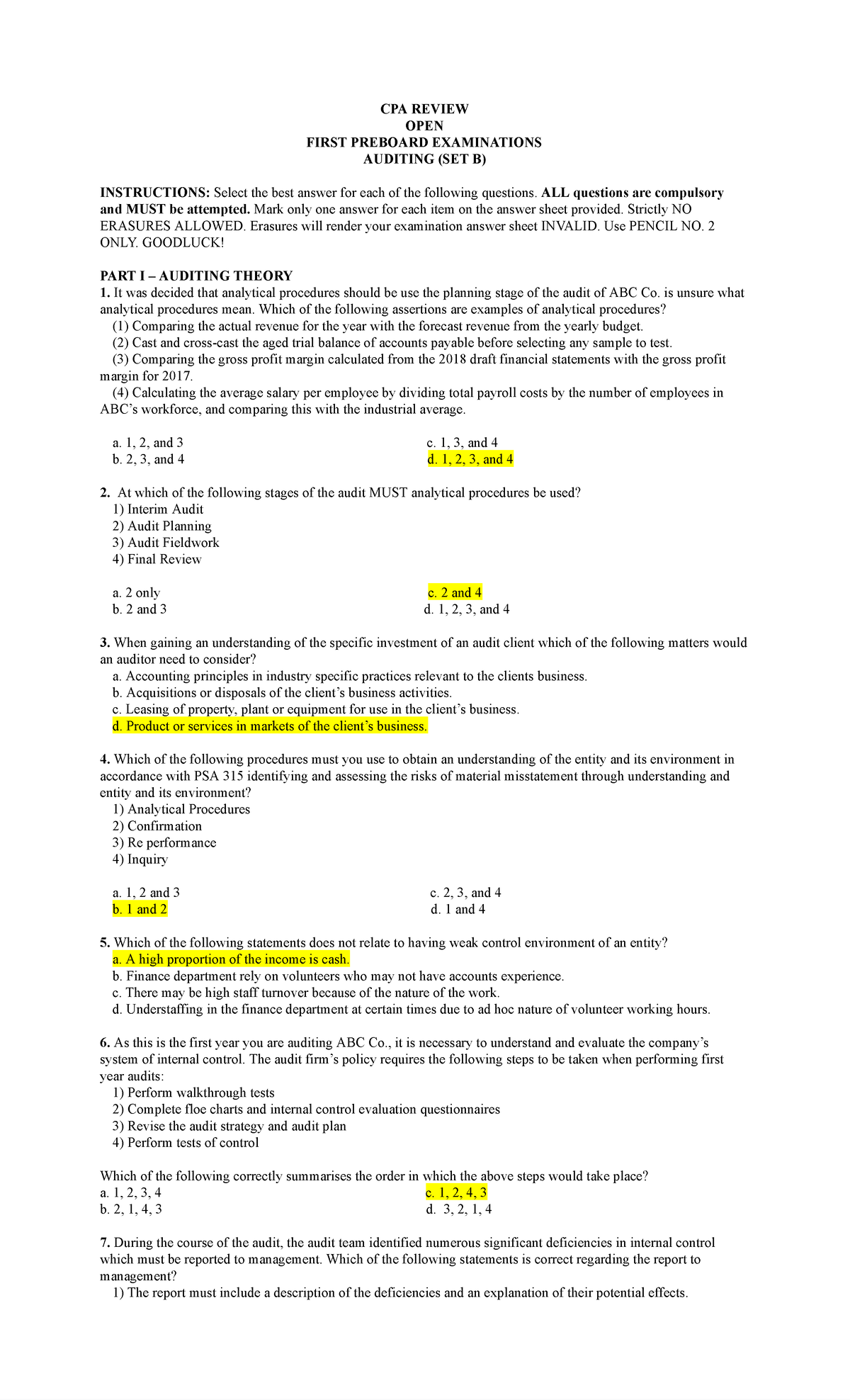 CPAR - Auditing Final Preboard Exam (SET B) Guide - Studocu