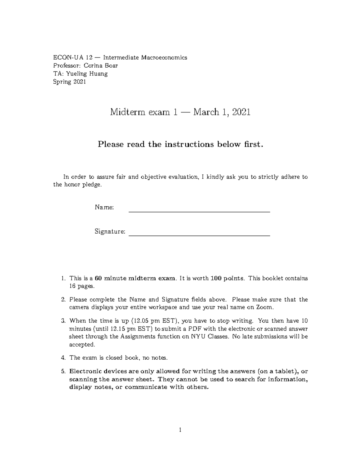 Spring 2021 ECON-UA 12 Midterm 1 - Intermediate Macroeconomics Exam ...
