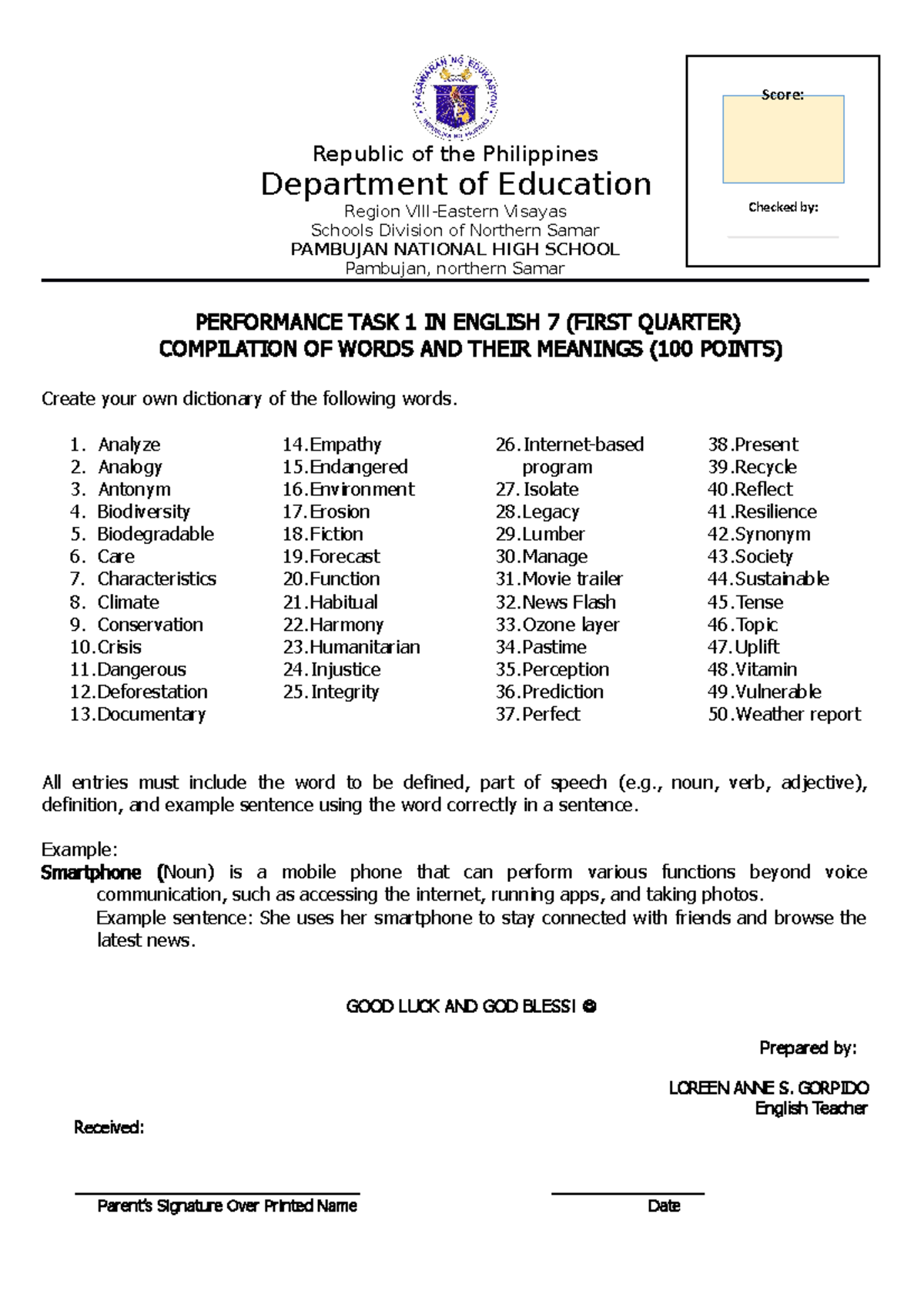 Performance Task 1 & 2 in English 7 (1st Quarter) - Dictionary & Video ...