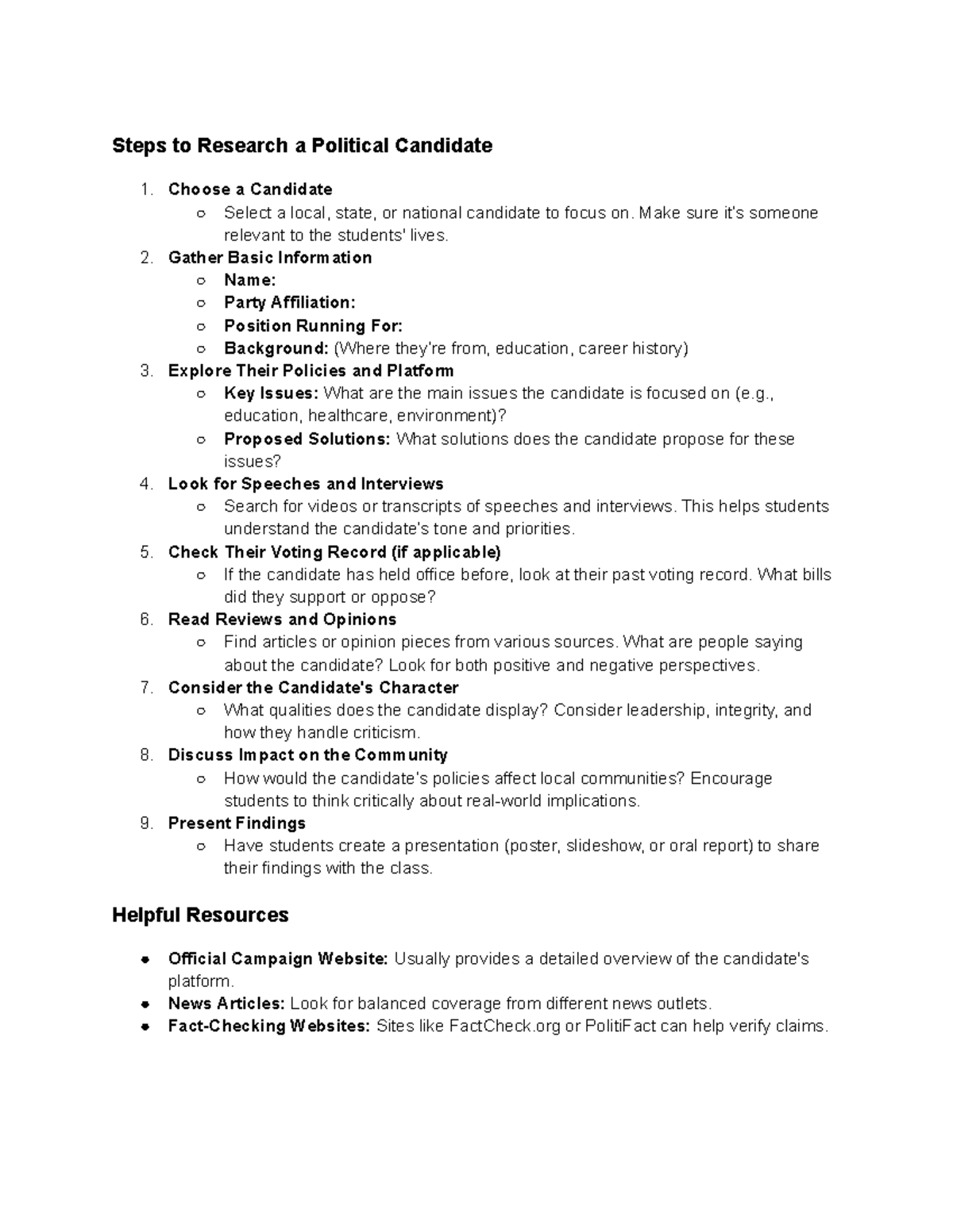 Steps to Research a Political Candidate - Choose a Candidate Select a ...