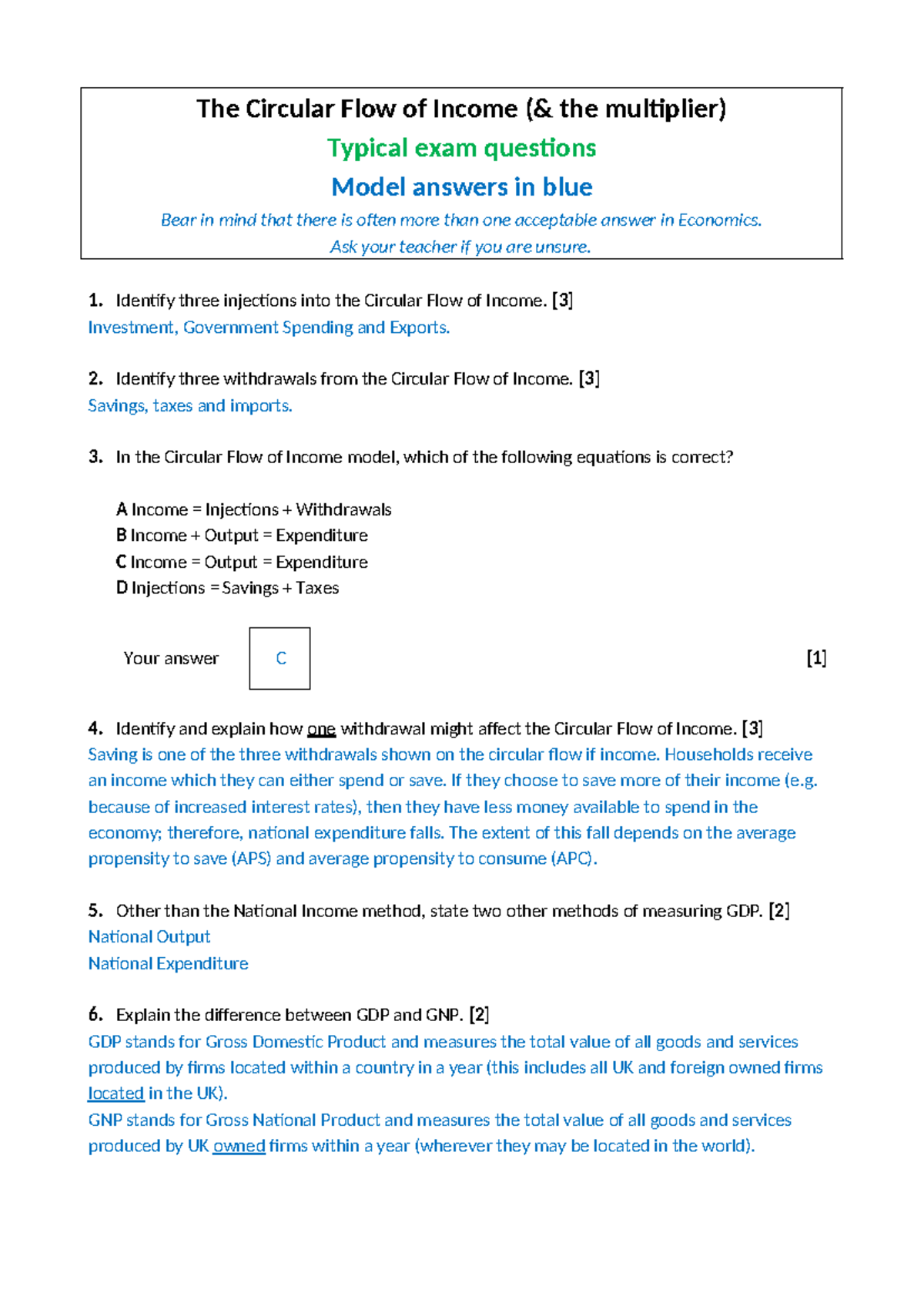 Circular Flow of Income (ECO101) Model Answers for Exam Questions - Studocu