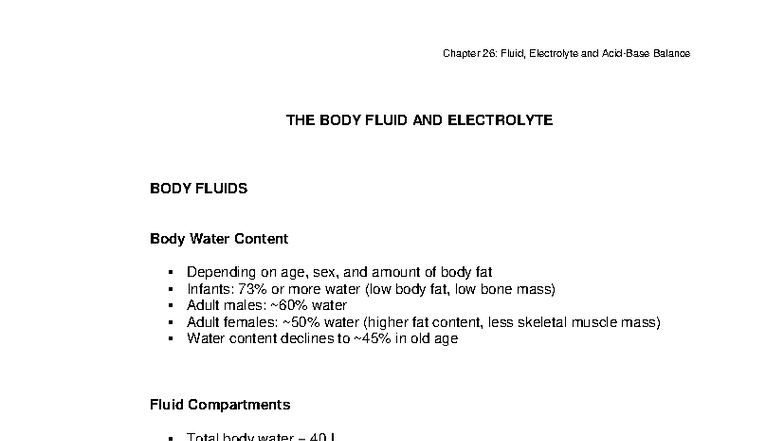 Chapter 26: Body Fluid and Electrolyte Balance Overview - Studocu