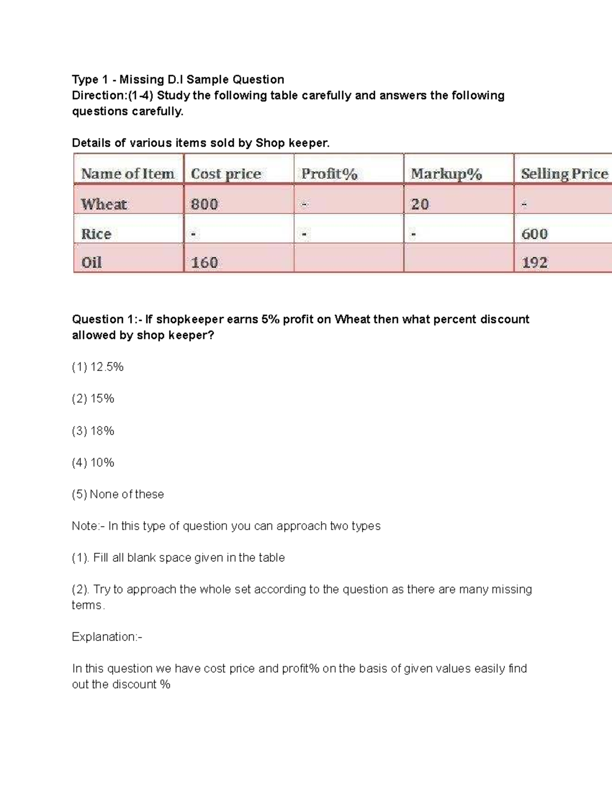 Missing D.I Sample Questions for Type 1 Analysis and Solutions - Studocu
