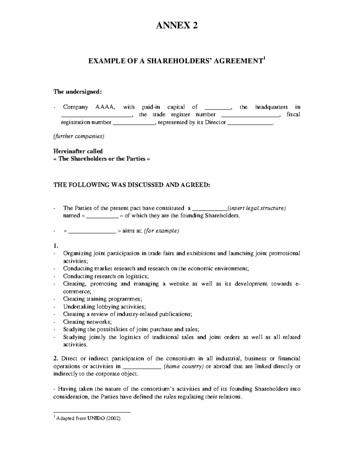Example of Shareholders’ Agreement Outline: Annex 2 Document - Studocu