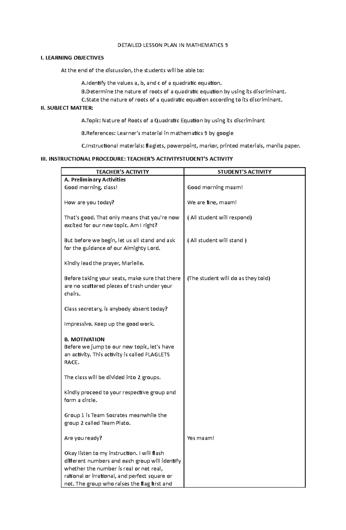 Mathematics 9 Lesson Plan: Nature of Roots of Quadratic Equations - Studocu