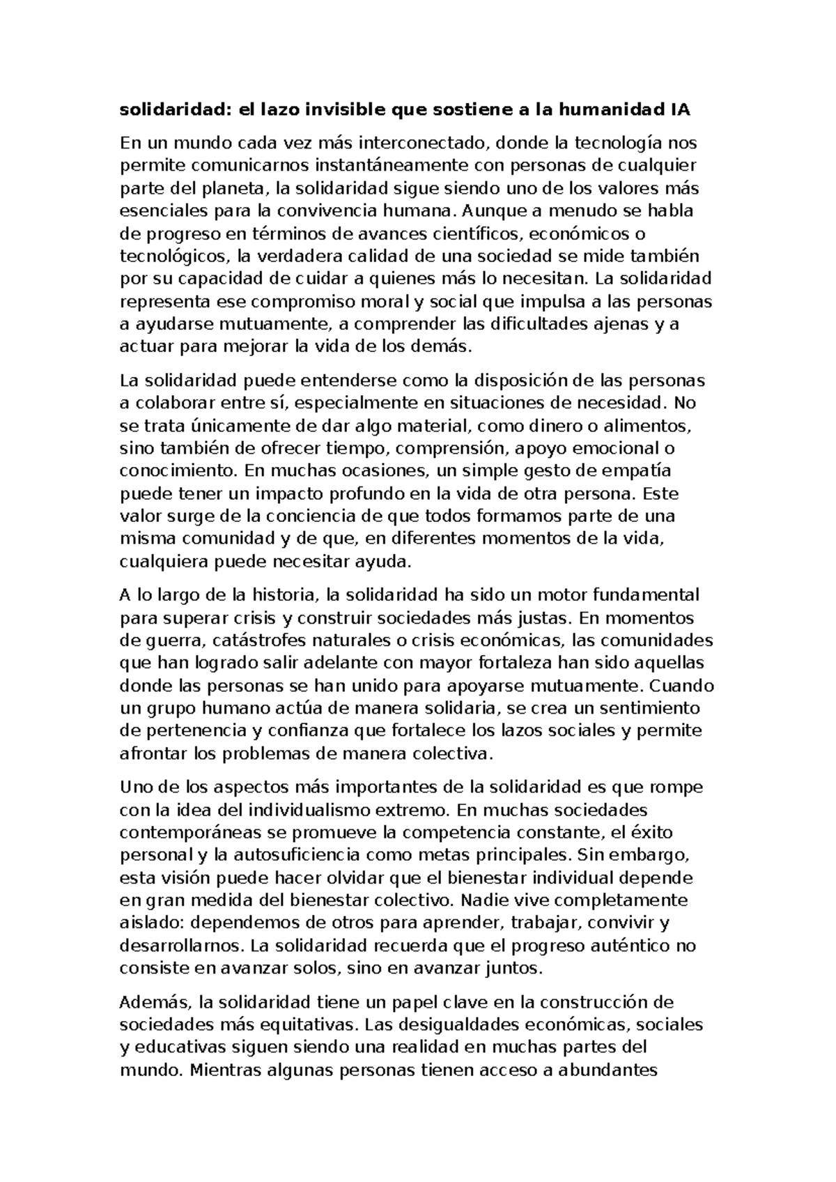 Solidaridad: El Valor Humano en Tiempos de Crisis y Conexión - Studocu
