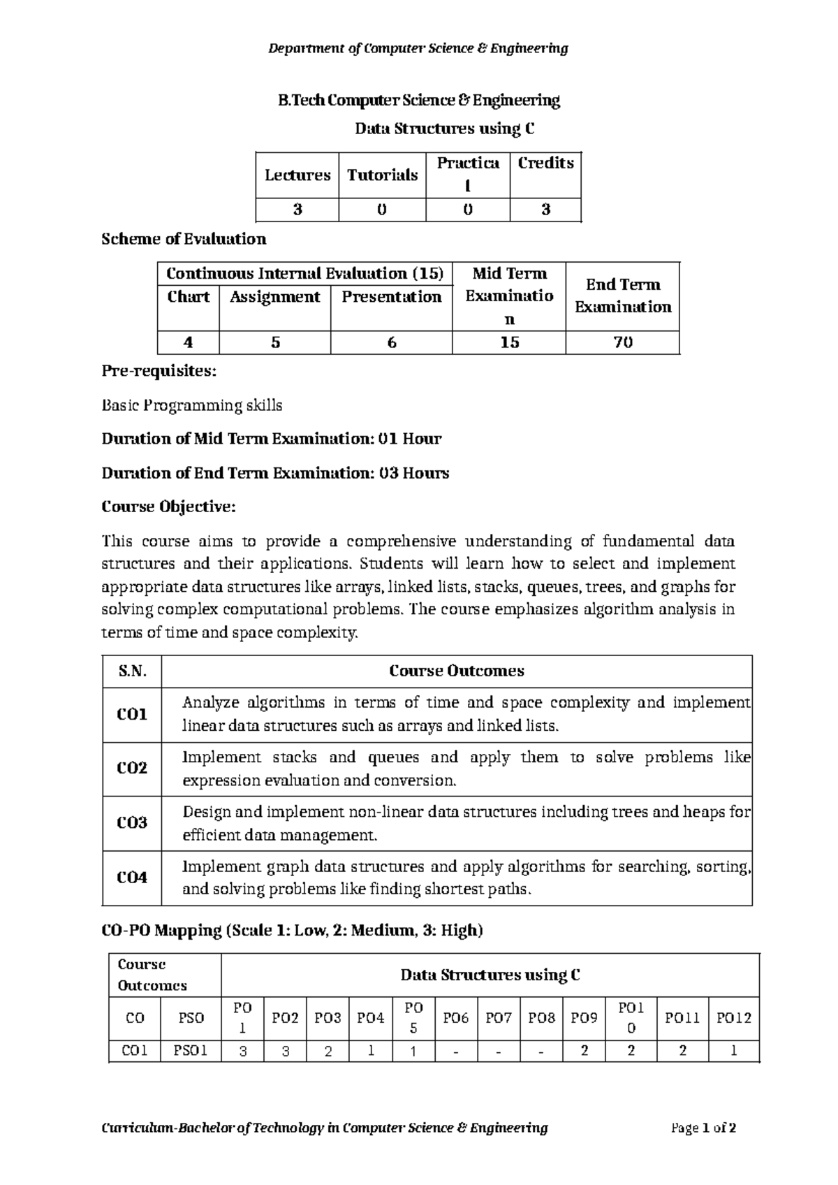 Data Structures using C Syllabus - CSE B.Tech Course Details - Studocu