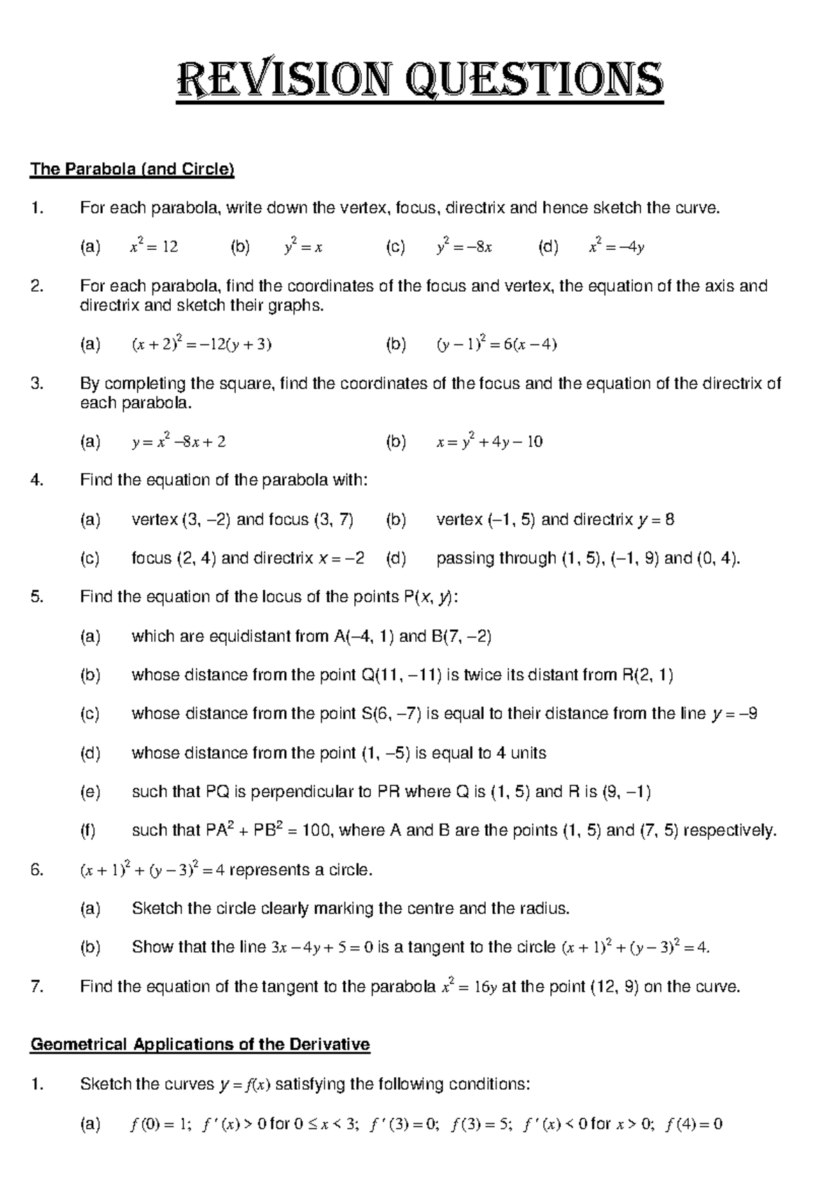 The Parbola and Calculus - REVISION QUESTIONS The Parabola (and Circle ...