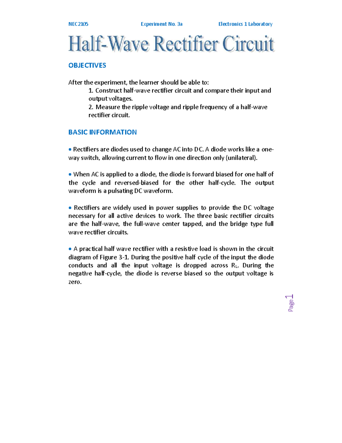 NEC2105 Experiment No. 3a: Half Wave Rectifier Circuit Analysis - Studocu