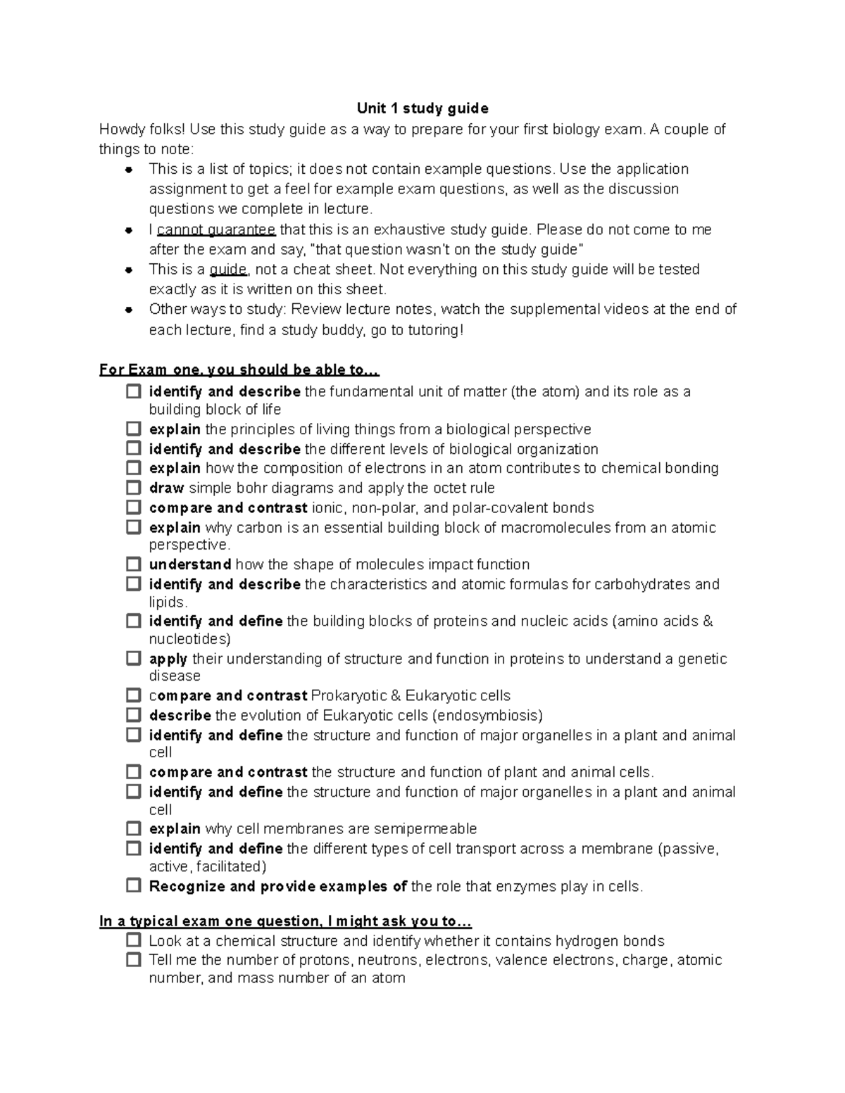 Biology 101: Unit 1 Study Guide for Exam Preparation - Studocu