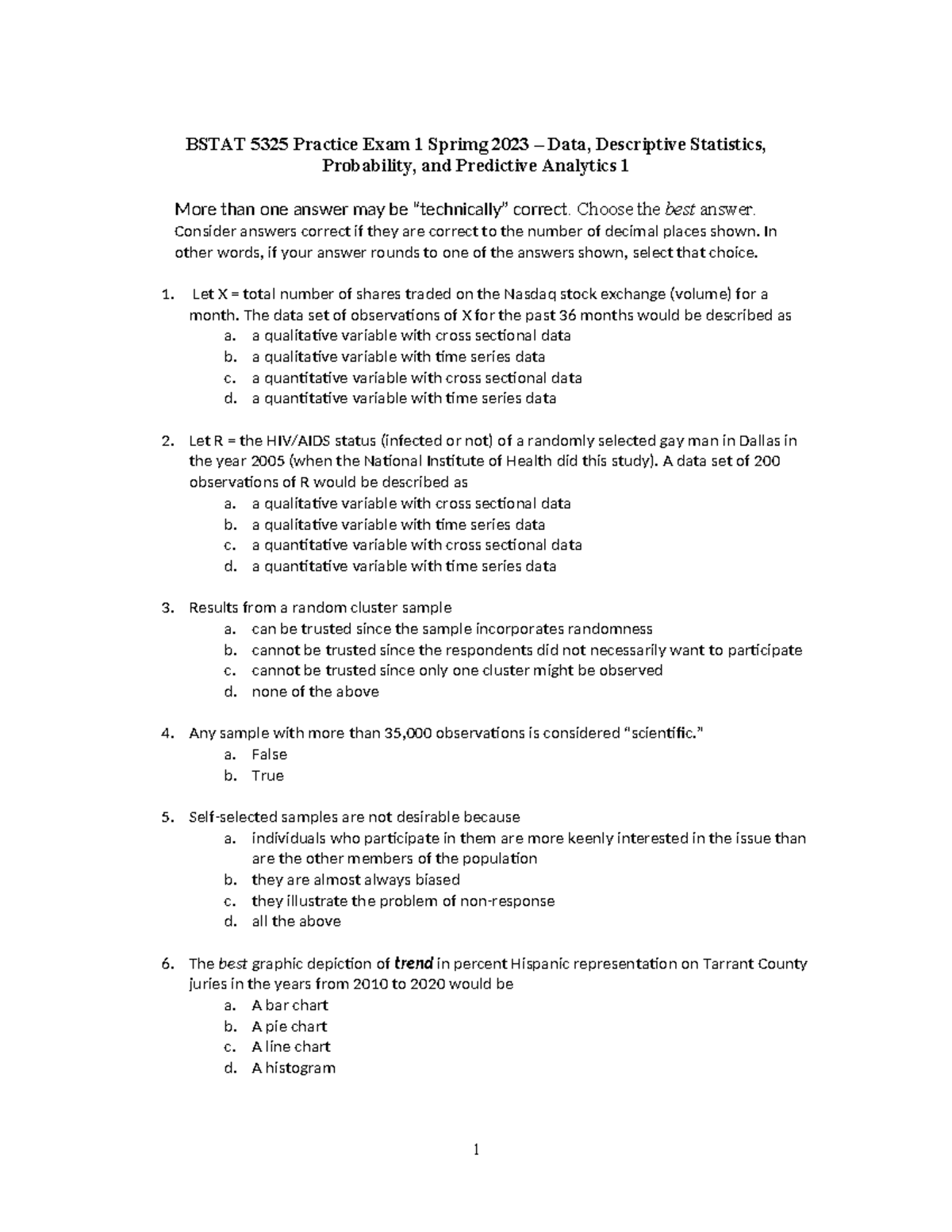 BSTAT 5325 Practice Exam 1 - Spring 2023: Data & Descriptive Stats ...