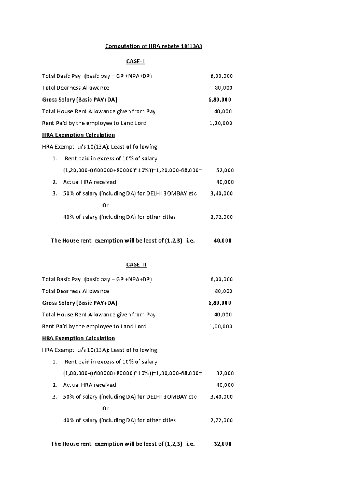 Computation of HRA Rebate 10(13A): Exemption Calculation Guide - Studocu