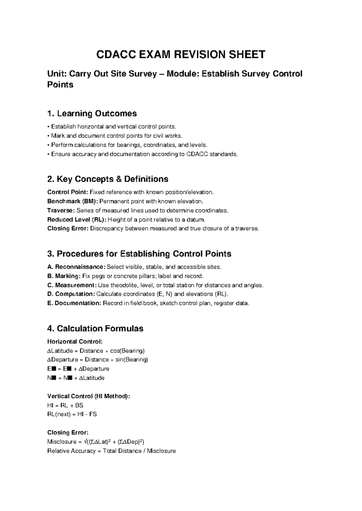 CDACC EXAM REVISION SHEET: Establish Survey Control Points - Studocu